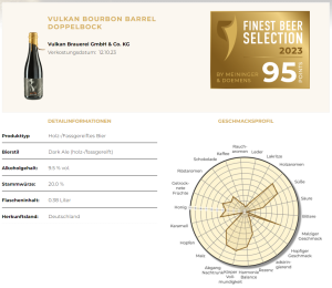 Auszeichnungen 2023: Der VULKAN Bourbon Barrel Doppelbock wurde bei der Finest Beer Selection 2023 mit Silber ausgezeichnet.